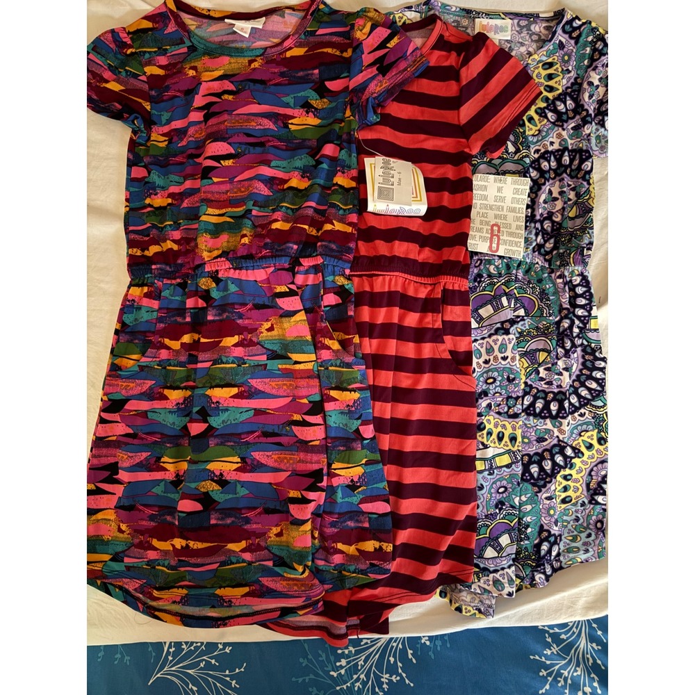 Lot of 3 LuLaRoe Girls Dresses Size 6 NWT Striped Paisley Abstract Pockets